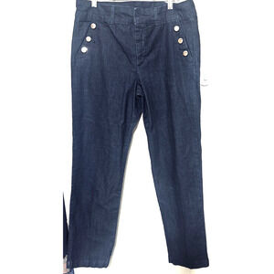 Ann Klein denim trouser pants jeans gold buttons military sz 12 stretch hi-rise